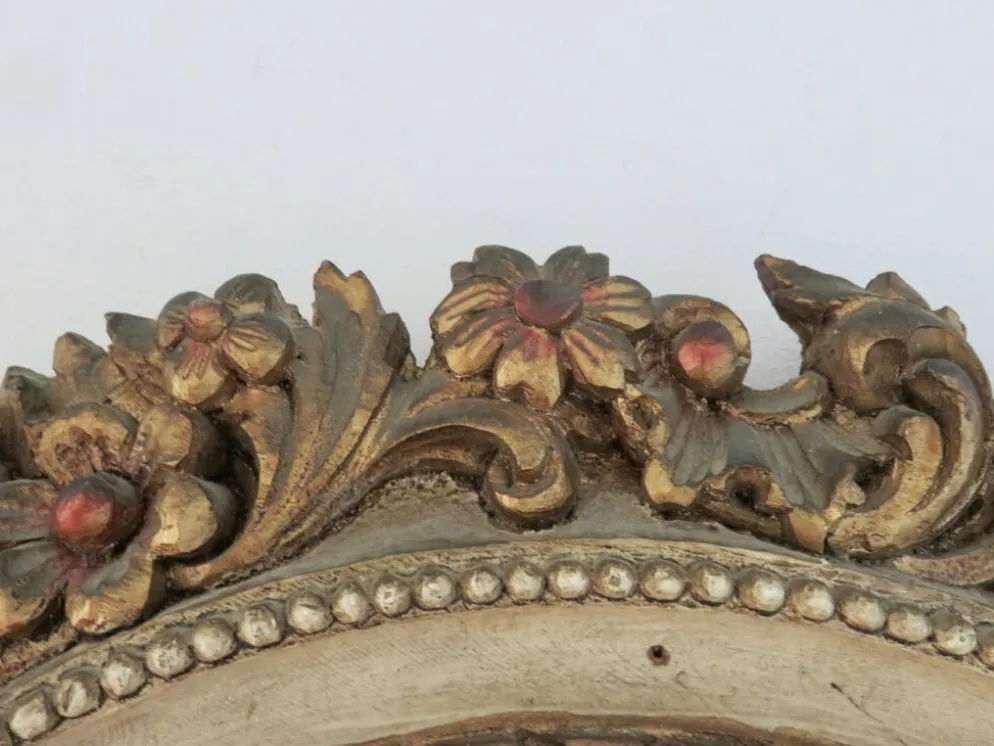 Grand miroir mural rond, baroque, motif floraux, rococo, années 70