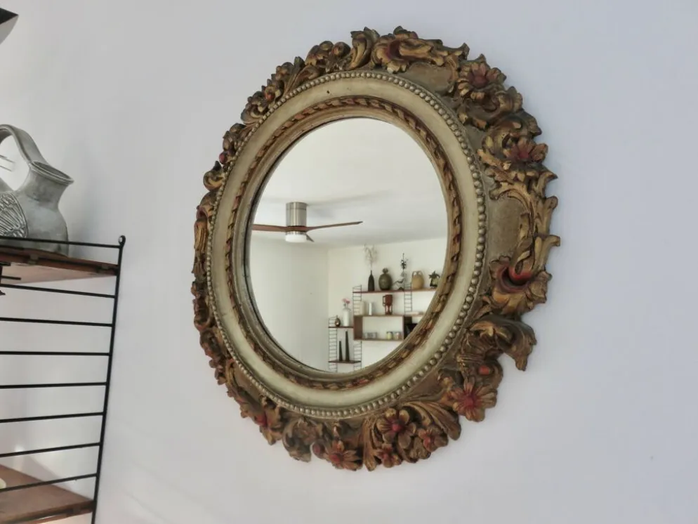 Grand miroir mural rond, baroque, motif floraux, rococo, années 70