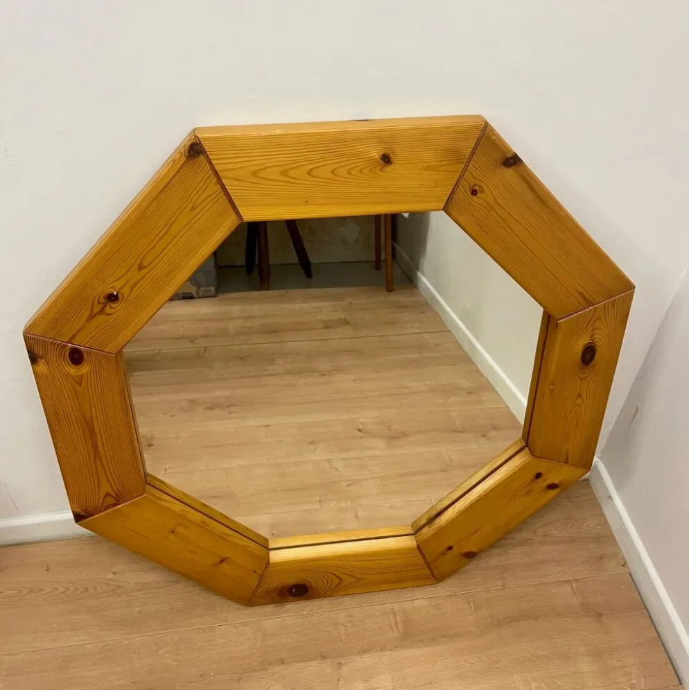 Grand miroir octogonale en pin, scandinave, 1980