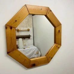 Grand miroir octogonale en pin, scandinave, 1980