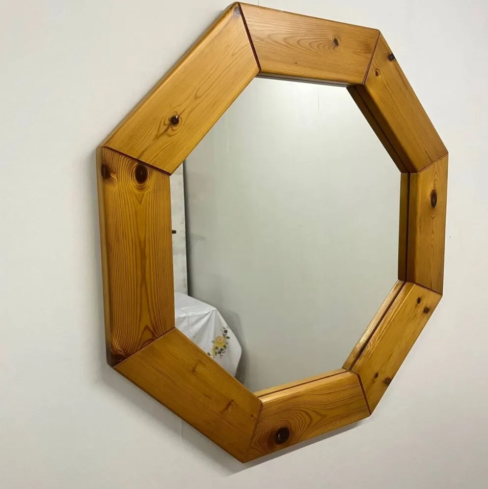 Grand miroir octogonale en pin, scandinave, 1980