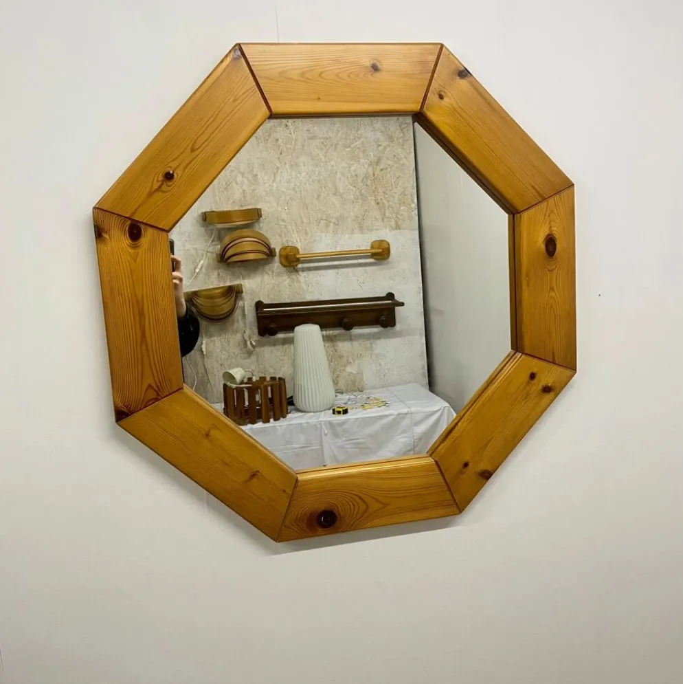 Grand miroir octogonale en pin, scandinave, 1980