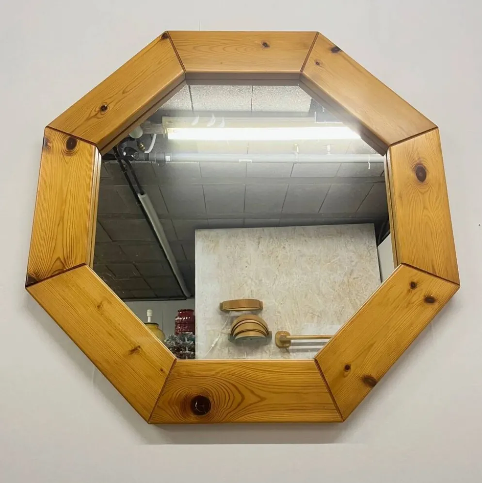 Grand miroir octogonale en pin, scandinave, 1980