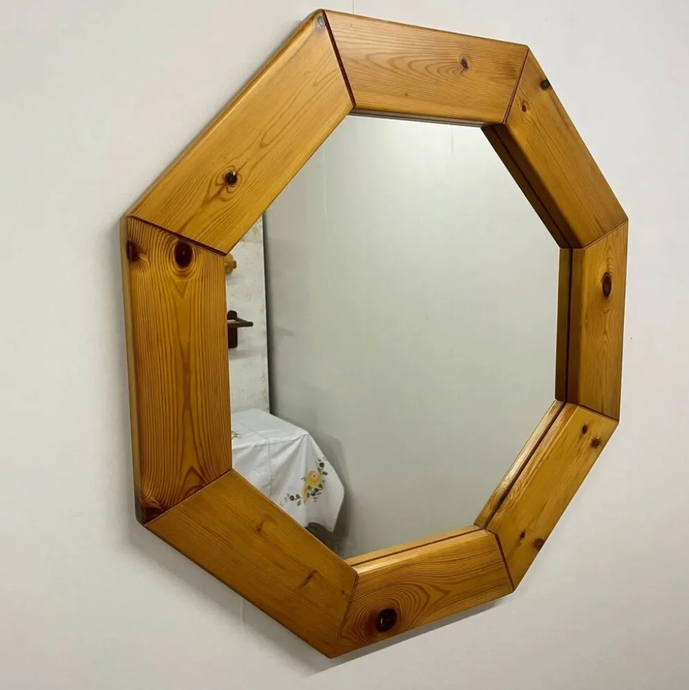 Grand miroir octogonale en pin, scandinave, 1980