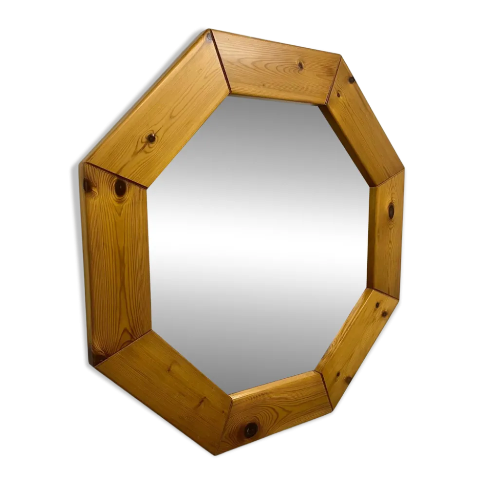 Grand miroir octogonale en pin, scandinave, 1980