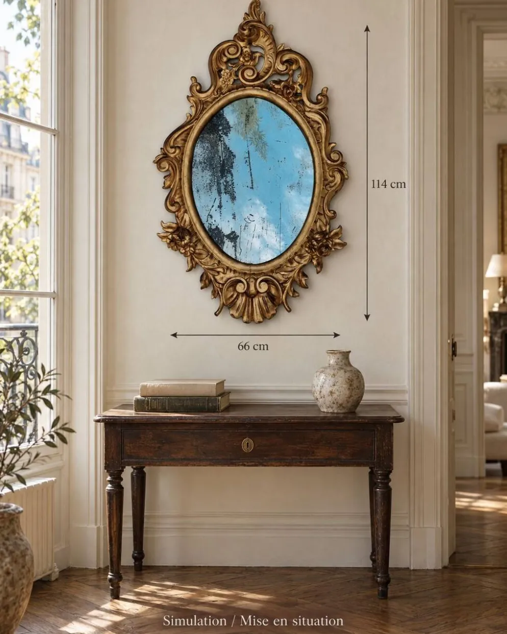 Grand miroir ovale doré, style Louis XV rocaille, fin XIXe, 114 x 66 cm