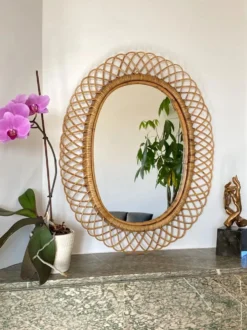 Grand miroir par Franco Albini en rotin et bambou, Italie 1960's