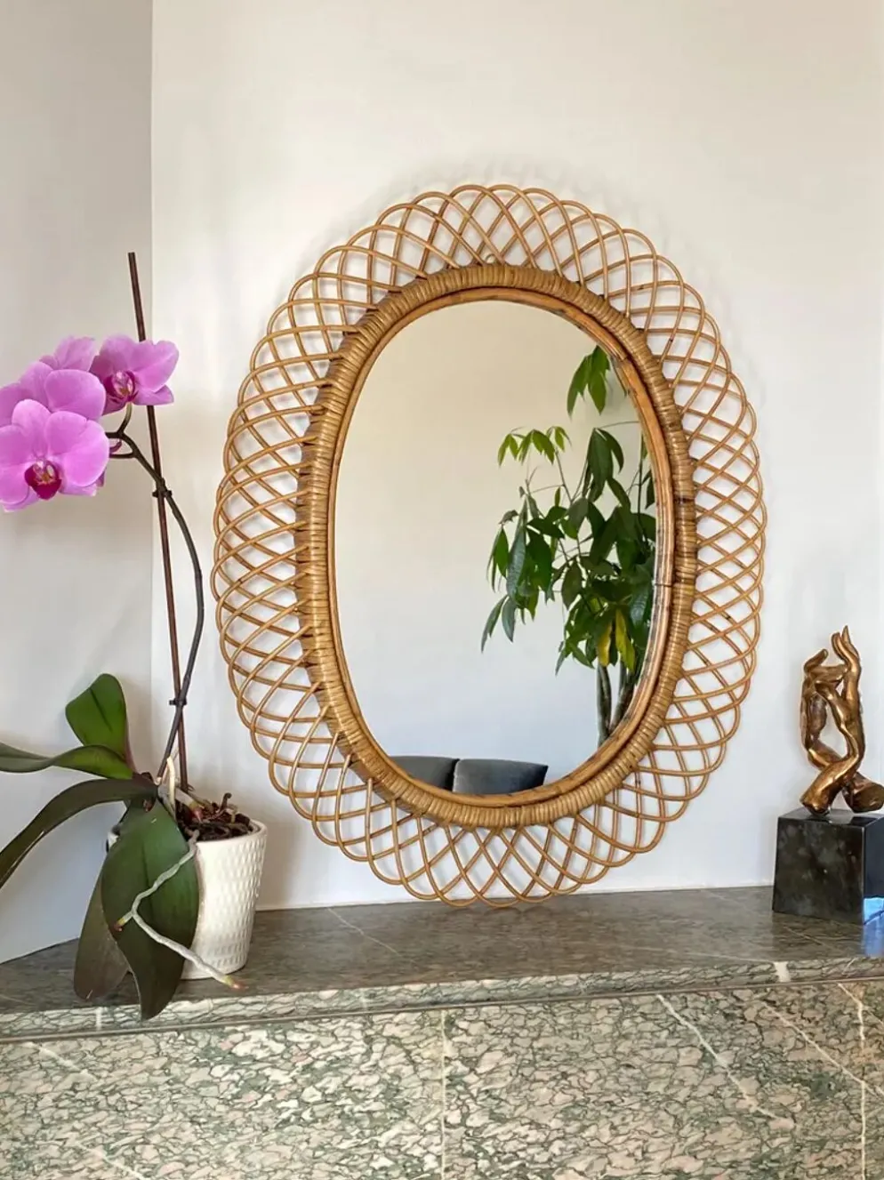 Grand miroir par Franco Albini en rotin et bambou, Italie 1960's