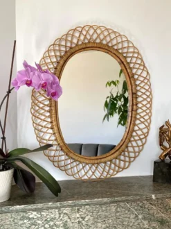 Grand miroir par Franco Albini en rotin et bambou, Italie 1960's