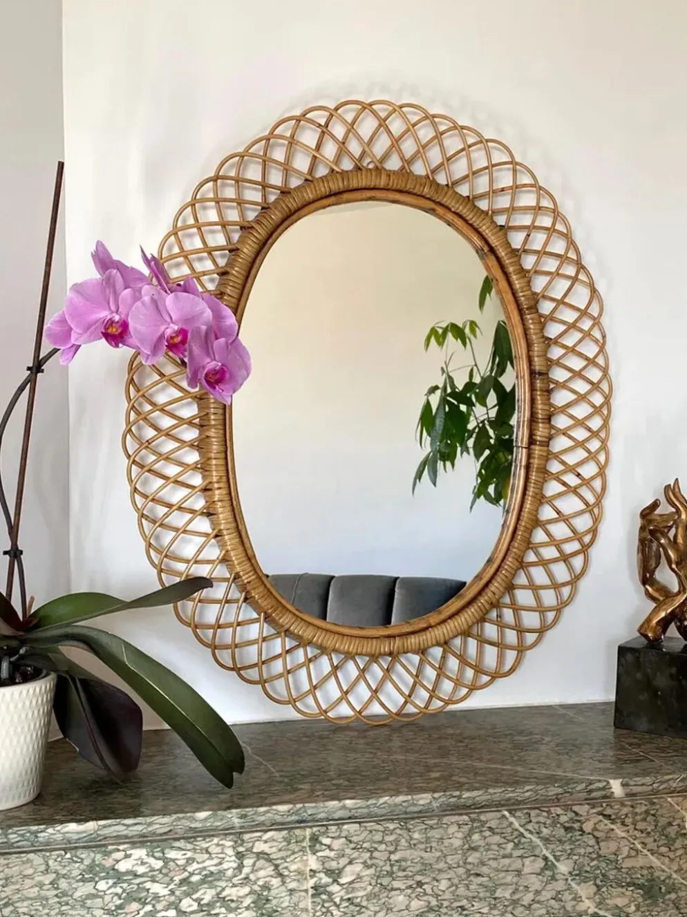 Grand miroir par Franco Albini en rotin et bambou, Italie 1960's