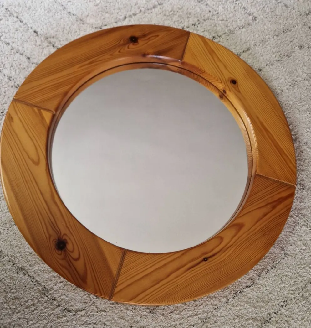 Grand miroir rond en pin vintage 1980