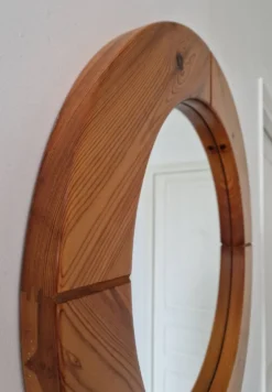 Grand miroir rond en pin vintage 1980