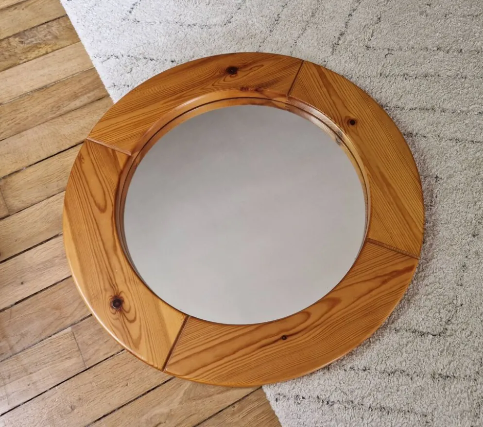 Grand miroir rond en pin vintage 1980