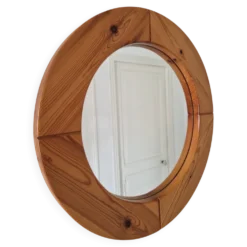 Grand miroir rond en pin vintage 1980