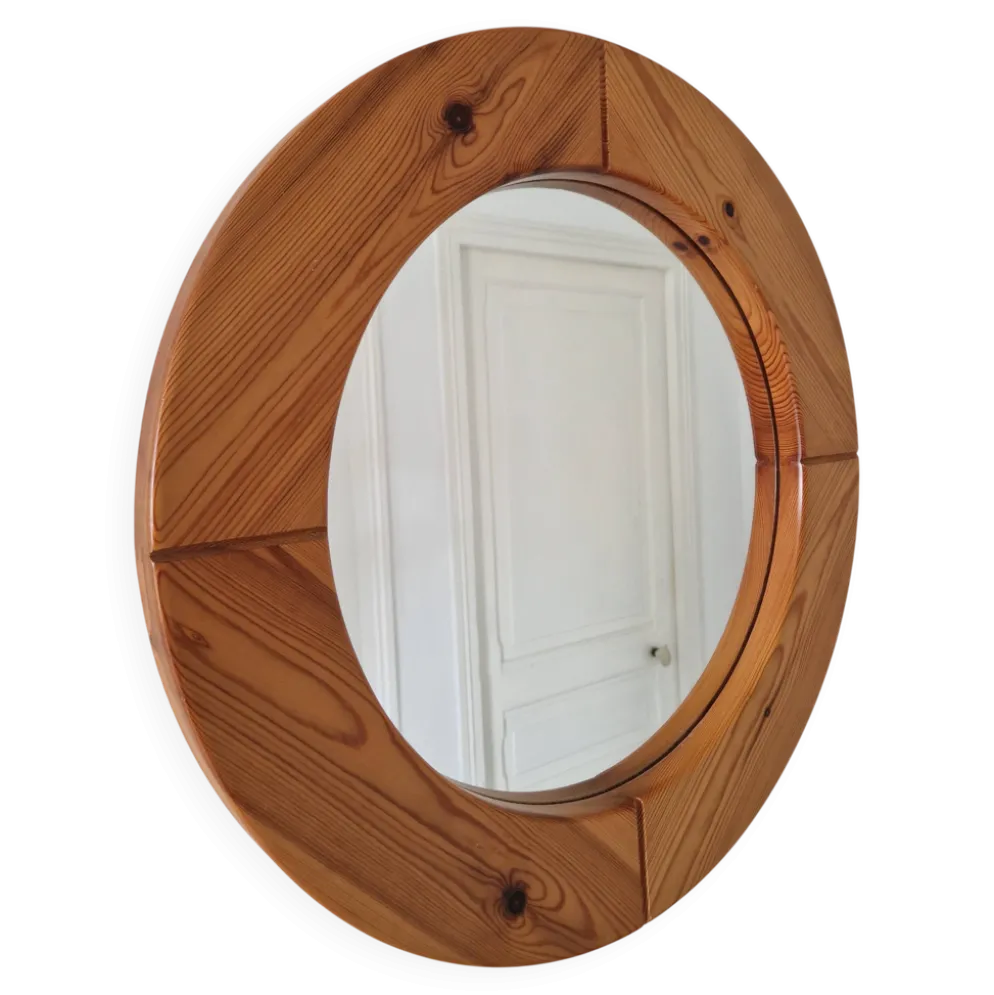 Grand miroir rond en pin vintage 1980