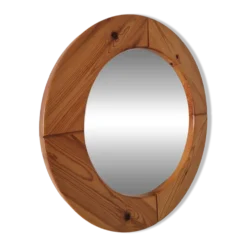 Grand miroir rond en pin vintage 1980