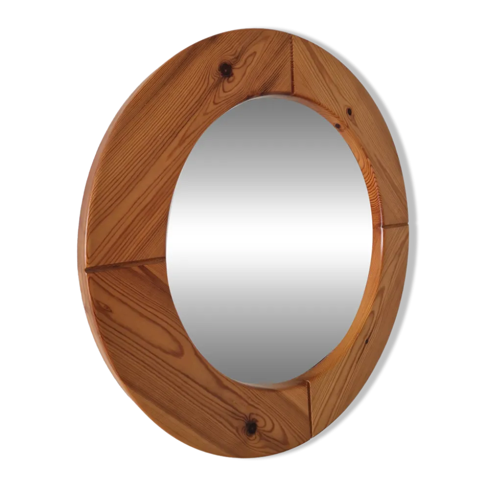 Grand miroir rond en pin vintage 1980