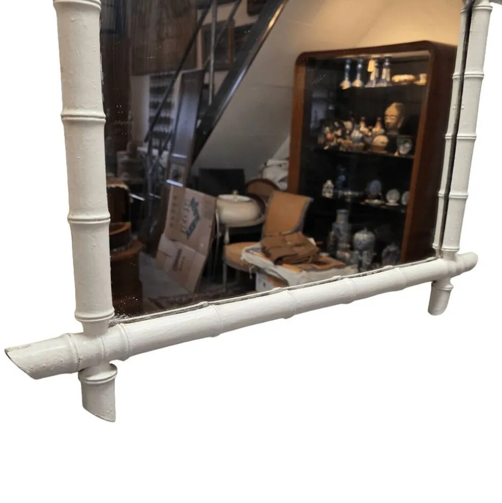 Grand miroir vintage blanc en faux bambou, années 1920/30.