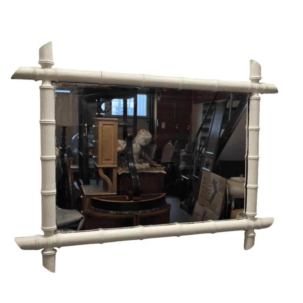 Grand miroir vintage blanc en faux bambou, années 1920/30.