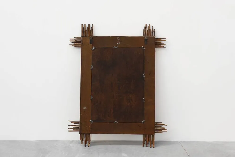 Grand miroir vintage en bambou avec miroir biseauté, France années 1960