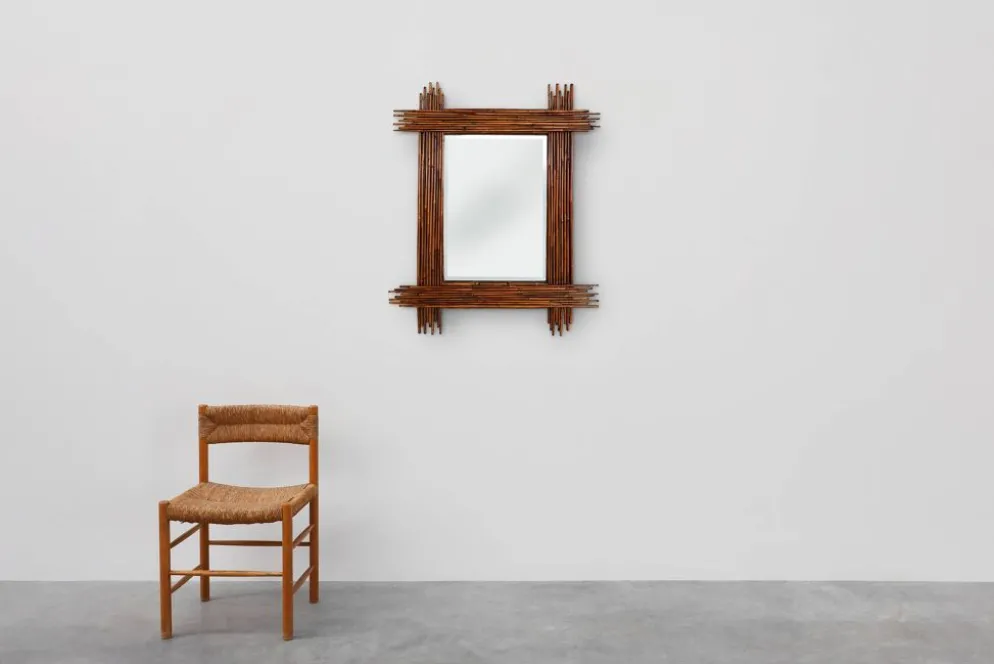 Grand miroir vintage en bambou avec miroir biseauté, France années 1960