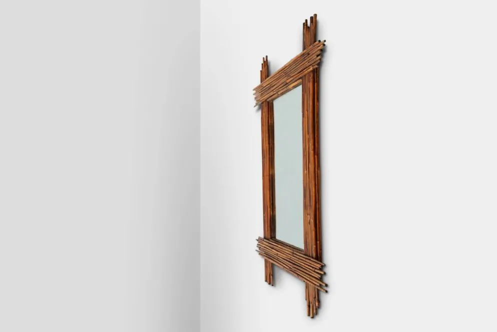 Grand miroir vintage en bambou avec miroir biseauté, France années 1960