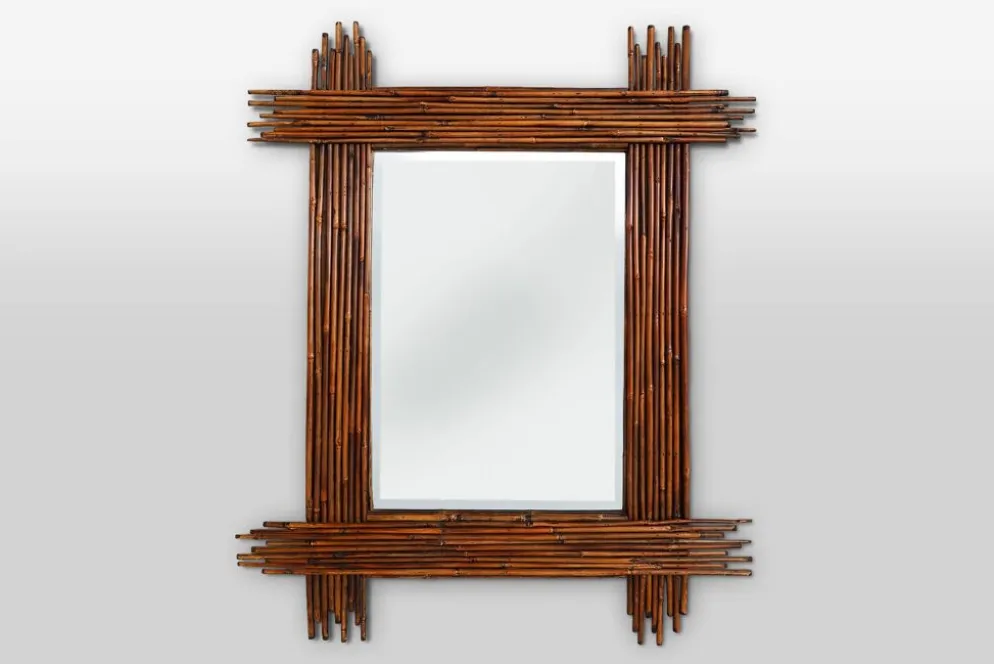 Grand miroir vintage en bambou avec miroir biseauté, France années 1960