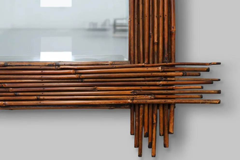 Grand miroir vintage en bambou avec miroir biseauté, France années 1960