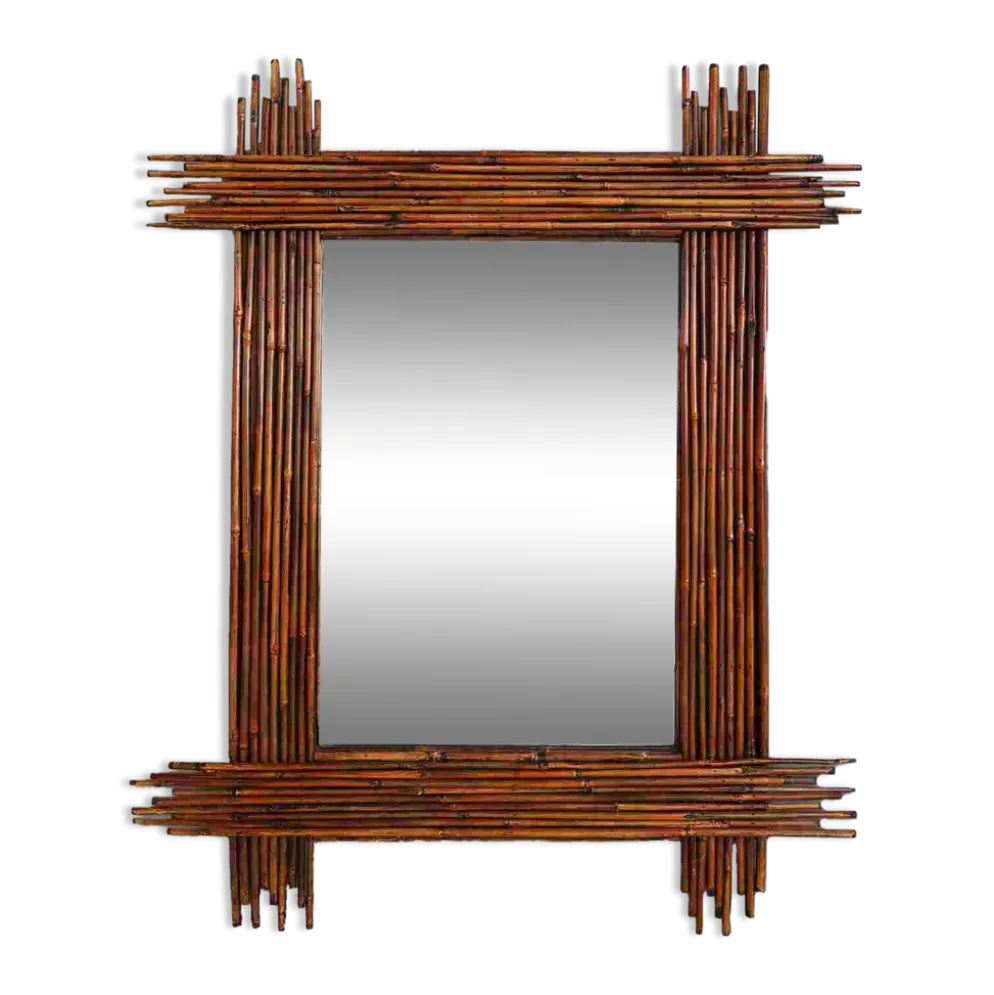Grand miroir vintage en bambou avec miroir biseauté, France années 1960