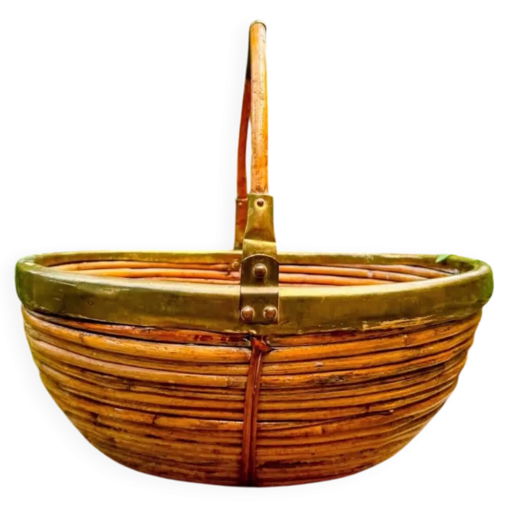 Grand panier rotin laiton Gabriella Crespi années 60