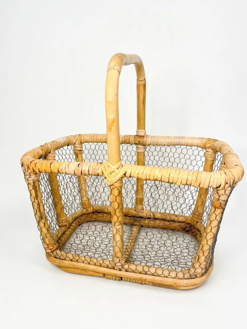Grand Panier à Œufs en Rotin & Grillage (Années 60-70)