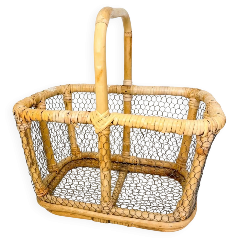 Grand Panier à Œufs en Rotin & Grillage (Années 60-70)