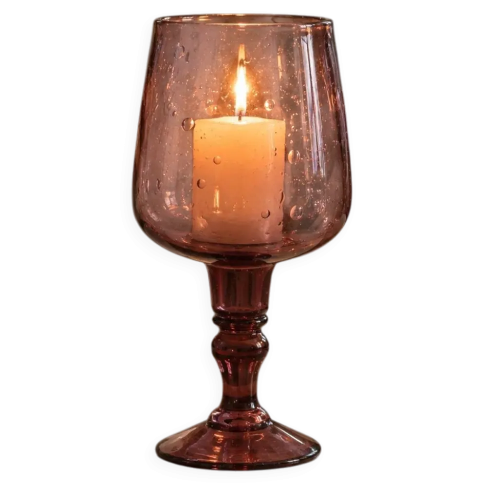 Grand photophore sur pied en verre bullé améthyste – H27 cm