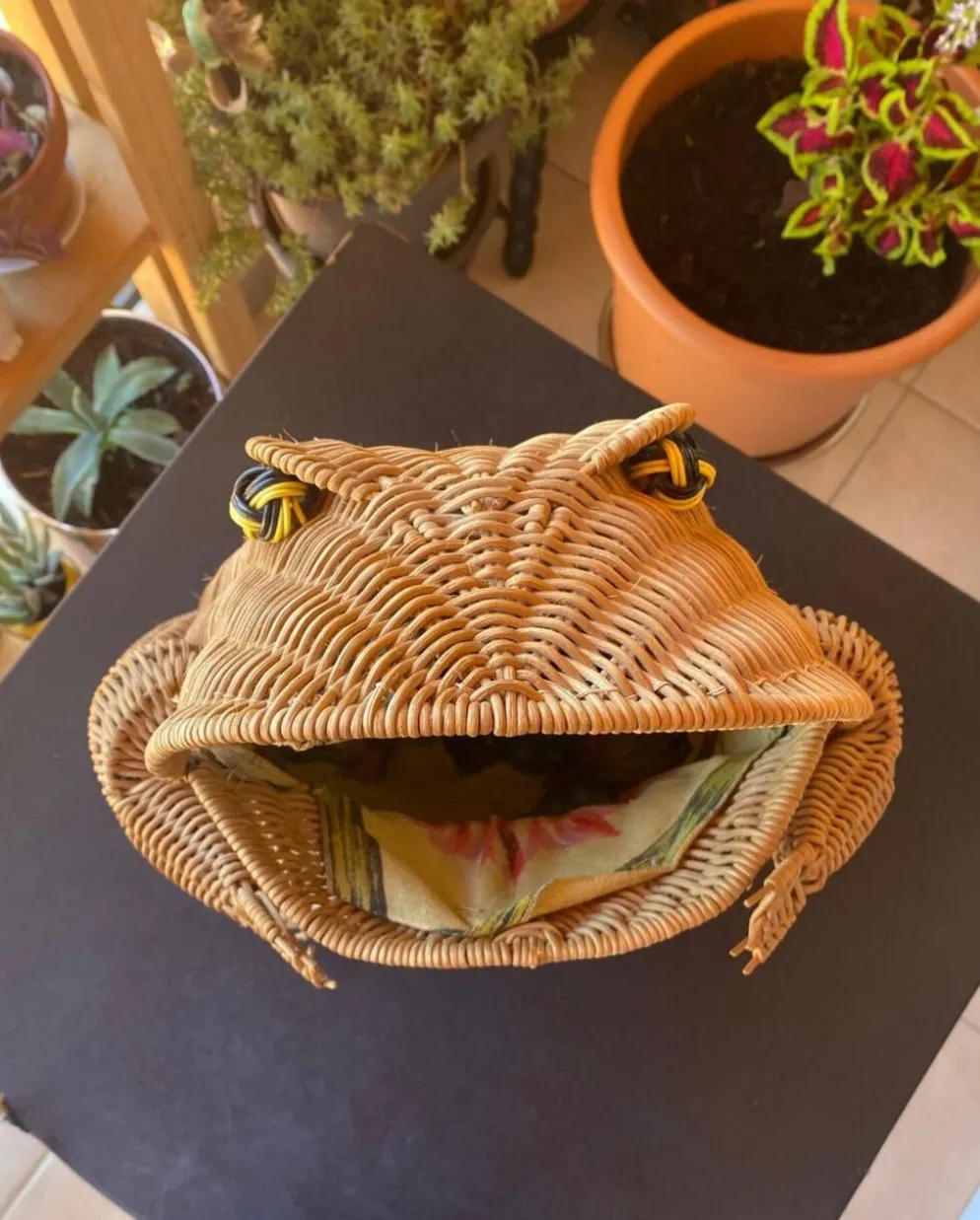 Grand porte-revues grenouille en rotin vintage 1970 — Tissu d'origine