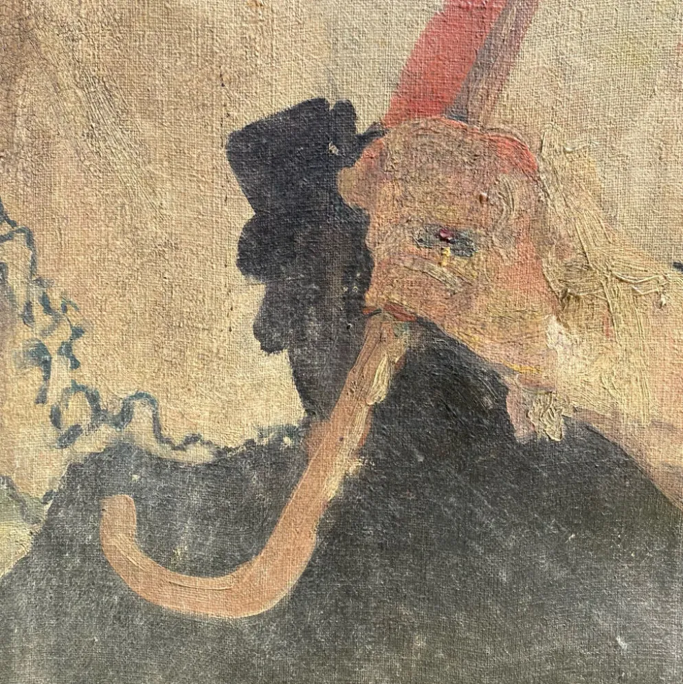 Grand portrait ancien à l’ombrelle, huile sur toile signée, 1917