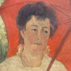 Grand portrait ancien à l’ombrelle, huile sur toile signée, 1917