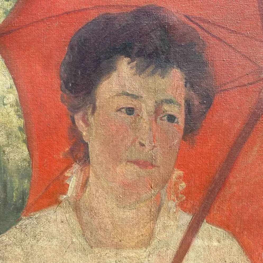 Grand portrait ancien à l’ombrelle, huile sur toile signée, 1917