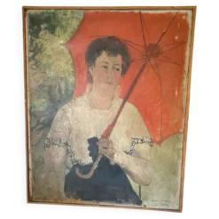 Grand portrait ancien à l’ombrelle, huile sur toile signée, 1917