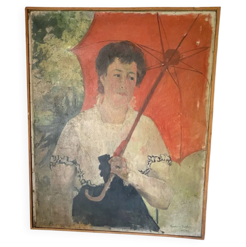 Grand portrait ancien à l’ombrelle, huile sur toile signée, 1917