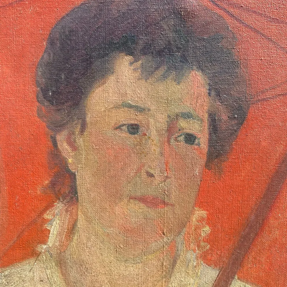 Grand portrait ancien à l’ombrelle, huile sur toile signée, 1917