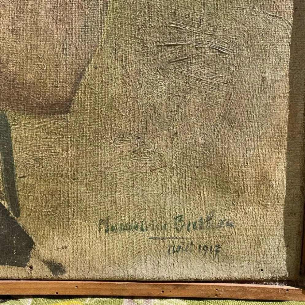 Grand portrait ancien à l’ombrelle, huile sur toile signée, 1917
