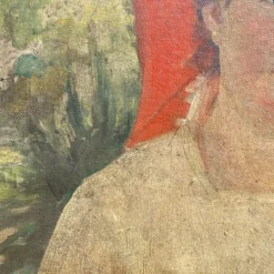 Grand portrait ancien à l’ombrelle, huile sur toile signée, 1917
