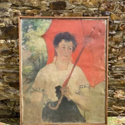 Grand portrait ancien à l’ombrelle, huile sur toile signée, 1917
