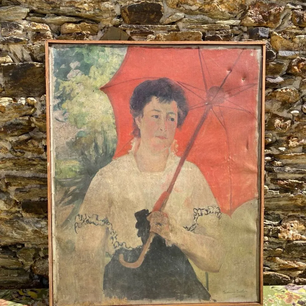 Grand portrait ancien à l’ombrelle, huile sur toile signée, 1917