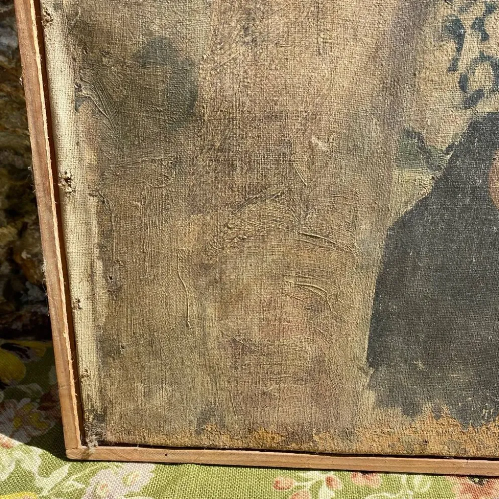 Grand portrait ancien à l’ombrelle, huile sur toile signée, 1917