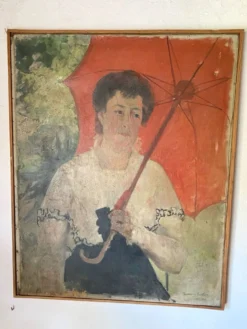 Grand portrait ancien à l’ombrelle, huile sur toile signée, 1917