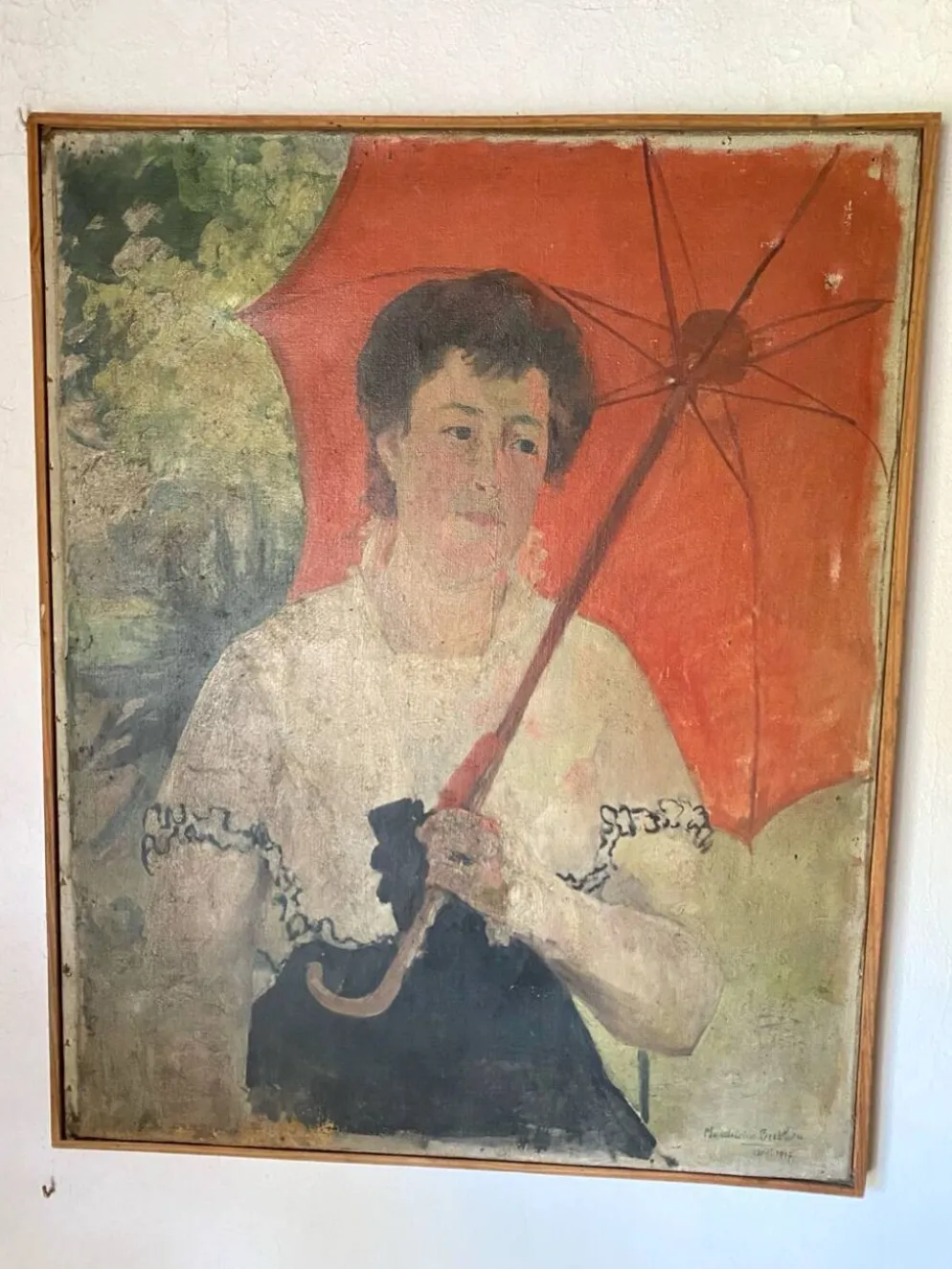Grand portrait ancien à l’ombrelle, huile sur toile signée, 1917