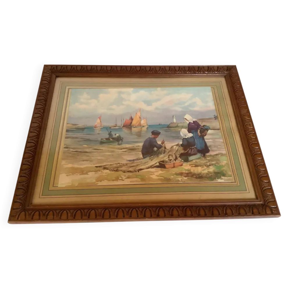 Grand tableau marine pêcheurs bateaux