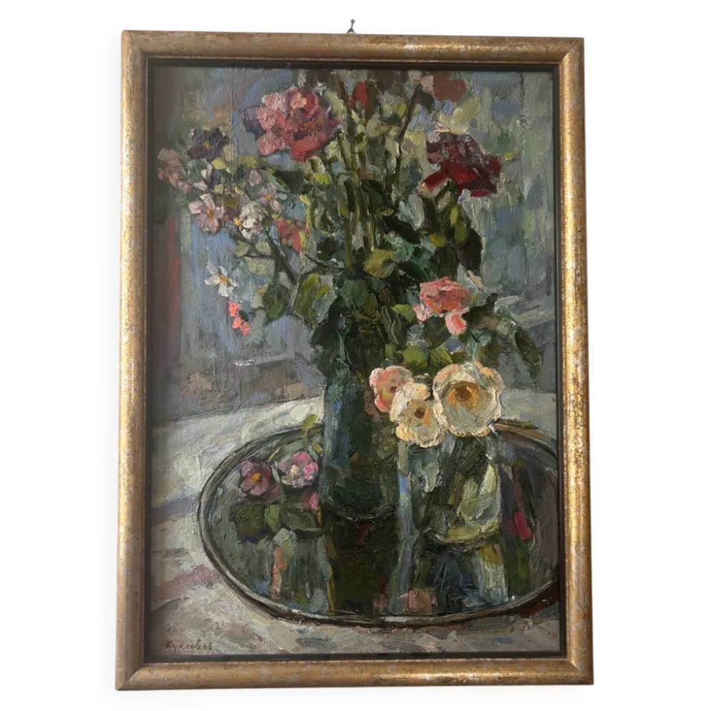 Grand tableau nature morte aux fleurs, école russe du milieu du XXe siècle. L’éloge de la douceur