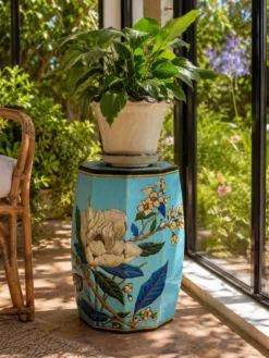 Grand tabouret de jardin japonisant en céramique émaillée turquoise
